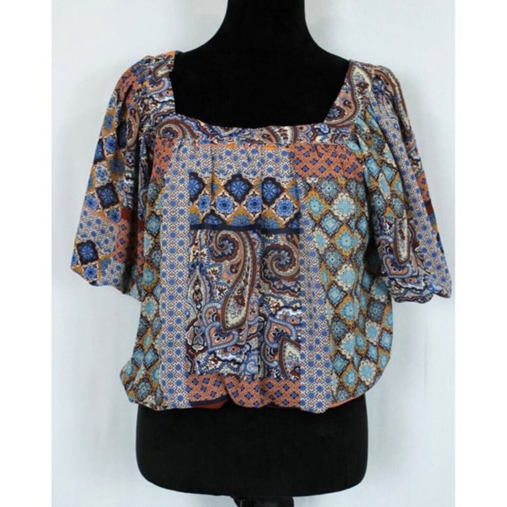 Entro Blouse Women M Boho Paisley Mixed‎ Print Square Neck Flutter Sleeve Top